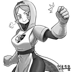 Rule 34 | 1girl, :&gt;, puff of air, ^^^, blush, bodysuit, bodysuit under clothes, breasts, clenched hands, closed mouth, cowboy shot, creatures (company), elbow gloves, fig sign, game freak, gloves, greyscale, hand up, hood, large breasts, layered sleeves, long sleeves, monochrome, nintendo, nutkingcall, outstretched arms, pantyhose, parted bangs, pelvic curtain, pokemon, pokemon bw, short over long sleeves, short sleeves, simple background, smile, solo, surcoat, team plasma, team plasma grunt, thighs, translation request, turtleneck, uniform, v-shaped eyebrows, white background