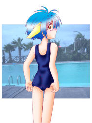 Rule 34 | 00s, 1girl, adjusting clothes, adjusting swimsuit, animal ears, artist request, ass, blue hair, blue one-piece swimsuit, blush, brown eyes, cloud, from behind, galaxy angel, looking at viewer, looking back, mint blancmanche, one-piece swimsuit, outdoors, palm tree, photo background, pool, school swimsuit, short hair, sky, solo, swimsuit, tree, water