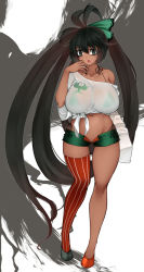 Rule 34 | 1girl, :o, alternate breast size, antenna hair, aoshima, asymmetrical footwear, bikini, bikini top only, black hair, bow, breasts, commentary request, dark-skinned female, dark skin, full body, gradient hair, green bikini, green bow, green eyes, hair bow, highres, huge breasts, long hair, looking at viewer, micro shorts, mismatched footwear, multicolored hair, navel, open fly, open mouth, reiuji utsuho, see-through, shirt, shoes, shorts, side-tie bikini bottom, single thighhigh, solo, swimsuit, thighhighs, thighs, touhou, very long hair, white shirt