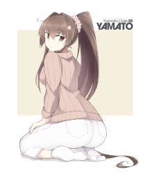 Rule 34 | 1girl, ahoge, ass, blush, breasts, brown hair, character name, flower, from behind, hair flower, hair intakes, hair ornament, kantai collection, kneeling, long hair, long sleeves, looking at viewer, looking back, medium breasts, pants, pink background, pink eyes, pink sweater, pocket, ponytail, ribbed sweater, shigino sohuzi, simple background, sitting, smile, socks, solo, sweater, very long hair, white background, white footwear, white pants, yamato (kancolle)