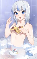 Rule 34 | 1girl, backwards hat, bathtub, bingsardina, blue eyes, blue hair, completely nude, convenient censoring, female focus, flat chest, food, gawr gura, gills, hat, highres, holding, holding food, holding pizza, hololive, hololive english, looking at viewer, multicolored hair, nude, open mouth, pizza, pizza slice, rubber duck, sharp teeth, solo, streaked hair, subaru duck, teeth, virtual youtuber, white hair