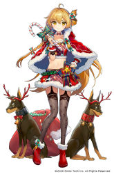 Rule 34 | 1girl, ahoge, ainy, animal, antlers, blonde hair, boots, candy, candy cane, capelet, chiba karin, christmas, closed mouth, collarbone, crop top, detached collar, dog, food, full body, fur trim, garter straps, grey thighhighs, hand on own hip, highres, holding, horns, long hair, looking at viewer, mahjong hime, midriff, miniskirt, navel, official art, one side up, red footwear, red shirt, red skirt, reindeer antlers, rottweiler, sack, shirt, simple background, skirt, smile, solo, standing, stomach, thighhighs, v-shaped eyebrows, very long hair, white background, wrist cuffs, yellow eyes, zettai ryouiki