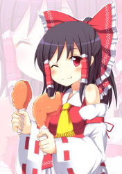 Rule 34 | 1girl, bad id, bad pixiv id, bare shoulders, black hair, bow, detached sleeves, eating, fried chicken, hair bow, hair tubes, ponytail, red eyes, shefu, solo, touhou, wink