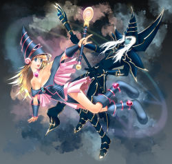 Rule 34 | 1boy, 1girl, blonde hair, blue eyes, blue footwear, boots, breasts, cleavage, dark magician, dark magician girl, decagram, detached sleeves, duel monster, gloves, hat, large breasts, long hair, oomii (f.style), open mouth, pentacle, staff, teacher and student, wand, white hair, wizard hat, yu-gi-oh!, yuu-gi-ou, yu-gi-oh! duel monsters