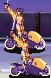 Rule 34 | 2girls, animated, animated gif, areola slip, battle circuit, biker gal, blue hair, capcom, character request, full body, jacket, katana, leaning forward, lowres, midriff, motor vehicle, motorcycle, multiple girls, navel, no bra, open clothes, open fly, open jacket, pixel art, revealing clothes, short hair, short shorts, shorts, standing, sword, unzipped, weapon, yellow jacket