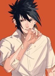 Rule 34 | 1boy, bad id, bad twitter id, bandages, black eyes, black hair, blood, blood on face, blood on hands, bruise, delinquent, hand to own mouth, highres, injury, male focus, medium hair, mirin (coene65), naruto, naruto (series), orange background, shirt, short sleeves, sidelocks, solo, spiked hair, uchiha sasuke, upper body, white shirt