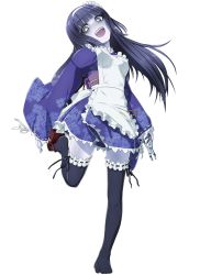 Rule 34 | 1girl, apron, black hair, black thighhighs, blue eyes, bridal garter, dokidoki yandemic, frills, has bad revision, leg up, long hair, long sleeves, looking at viewer, maid apron, pale skin, sandals, simple background, solo, standing, standing on one leg, star-shaped pupils, star (symbol), symbol-shaped pupils, thighhighs, white background, wide sleeves, zenzai, zenzai (zenzaio72), zenzaio72, zettai ryouiki