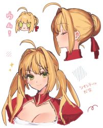 Rule 34 | 1girl, ahoge, alternate hairstyle, blonde hair, breasts, chibi, cleavage, closed eyes, closed mouth, fate/extra, fate (series), green eyes, hair bun, highres, large breasts, multiple views, nero claudius (fate), nero claudius (fate) (all), nero claudius (fate/extra), smile, star (symbol), twintails, uxco0, white background
