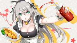Rule 34 | 1girl, animal ears, bell, breasts, cat ears, character request, choker, cleavage, closers, condiment, fake animal ears, food, frills, green eyes, grey hair, hairband, highres, jingle bell, ketchup, long hair, looking at viewer, maid, omelet, omurice, open mouth, plate, ress, short sleeves, snowflake background, solo, sweatdrop, upper body, wrist cuffs