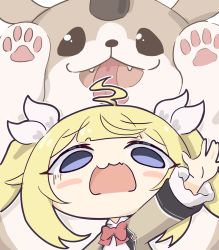 Rule 34 | 1girl, ahoge, arms up, bad id, bad pixiv id, blonde hair, blue eyes, blush stickers, bow, bowtie, chibi, counter:side, dog, fangs, furrowed brow, hair ribbon, highres, long sleeves, naielle bluesteel, open mouth, outstretched arm, ribbon, scared, shirt, tongue, tongue out, twintails, umihio, upper body, wavy mouth, white shirt, ||/