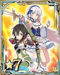 Rule 34 | 10s, 2girls, armor, armpits, arrow (projectile), asada shino, belt, black eyes, black hair, blue hairband, boots, bow (weapon), breastplate, breasts, card (medium), character request, cleavage, green eyes, hairband, heterochromia, holding, holding sword, holding weapon, leg up, long hair, looking at viewer, medium breasts, midriff, multiple girls, navel, red eyes, short hair with long locks, sidelocks, silver hair, sinon, sinon (sao:hf), smile, star (symbol), sword, sword art online, thighhighs, weapon, white footwear, yellow eyes