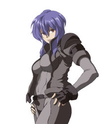 Rule 34 | 1girl, blue hair, bodysuit, breasts, fingerless gloves, ghost in the shell, ghost in the shell stand alone complex, gloves, hands on own hips, jacket, kusanagi motoko, nasunasunasubi, red eyes, simple background, solo