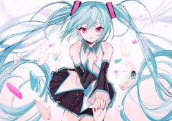 Rule 34 | 1girl, absurdly long hair, aisarenakute mo kimi ga iru (vocaloid), aqua eyes, aqua hair, aqua nails, aqua necktie, bare shoulders, black skirt, black sleeves, broken, capsule, commentary, cowboy shot, detached sleeves, grey shirt, hand on own chest, hatsune miku, headphones, headset, highres, keyboard (computer), long hair, master (vocaloid), miniskirt, nail polish, necktie, open mouth, outstretched arm, pink eyes, pleated skirt, pov, pov hands, reaching, reaching towards viewer, rumoon, shirt, shoulder tattoo, skindentation, skirt, sleeveless, sleeveless shirt, smile, solo, tattoo, thighhighs, twintails, very long hair, vocaloid, white background
