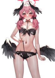 Rule 34 | 1girl, absurdres, bikini, black bikini, black bow, black wings, blue archive, blush, bow, closed mouth, flat chest, floral print, gluteal fold, hair bow, halo, head wings, highres, koharu (blue archive), koharu (swimsuit) (blue archive), looking at viewer, low wings, medium hair, official alternate costume, pink eyes, pink hair, print bikini, red halo, simple background, solo, standing, swimsuit, twintails, white background, wings, yamanokami eaka