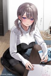 Rule 34 | 1girl, black pantyhose, black skirt, blue eyes, blush, chigusa minori, commentary request, grey hair, hair ornament, hairclip, highres, holding, holding pencil, indoors, kneeling, long sleeves, looking at viewer, medium hair, pantyhose, parted lips, pencil, saotome shino (shino to ren), shino to ren, shirt, skirt, solo, table, translation request, white shirt, wooden floor