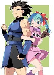Rule 34 | 1boy, 1girl, ;d, arm at side, armor, back-to-back, belt, black eyes, black hair, blue hair, braid, breasts, brown gloves, bulma, character name, clenched hands, clothes lift, clothes writing, commentary request, cowboy shot, dbl (shallot), dbl shallot, dragon ball, dragon ball (classic), dragon ball legends, dress, feet out of frame, frown, gloves, green background, hair ribbon, leotard, locked arms, medium breasts, neckerchief, one eye closed, open mouth, pink dress, purple neckerchief, red ribbon, ribbon, shallot (dragon ball), short dress, single glove, skirt, skirt lift, smile, teeth, thighs, two-tone background, upper body, upper teeth only, white background