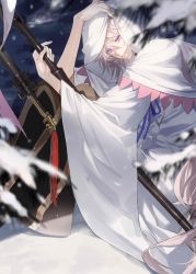 Rule 34 | 1boy, blue bow, blue ribbon, bow, bsq, cape, fate/apocrypha, fate/grand order, fate (series), hair between eyes, highres, holding, holding staff, hood, hood up, hooded cape, knees up, long hair, looking at viewer, male focus, merlin (fate), on ground, ribbon, sitting, smile, snow, solo, staff, very long hair, white hair, wooden staff