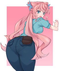 Rule 34 | 10s, 1girl, ass, bad id, bad pixiv id, belt, bent over, blue eyes, blush, bra visible through clothes, breasts, commentary request, denim, from behind, hair ornament, jeans, long hair, looking at viewer, looking back, maria cadenzavna eve, medium breasts, open mouth, pants, pantylines, pink hair, pouch, senki zesshou symphogear, short sleeves, solo, standing, sweatdrop, uniform, very long hair, yoi naosuke