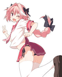 Rule 34 | 1boy, ass, astolfo (fate), astolfo (sailor paladin) (fate), black panties, blush, braid, fang, fate/apocrypha, fate/grand order, fate (series), hair intakes, hair ribbon, highres, hoppege, long hair, looking at viewer, male focus, neckerchief, official alternate costume, open mouth, panties, pink hair, pleated skirt, purple eyes, ribbon, school uniform, serafuku, side-tie peek, simple background, single braid, skirt, smile, solo, trap, underwear, white background