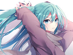 Rule 34 | 1girl, absurdres, bag, blue eyes, blue nails, coat, floating hair, grey sweater, hair between eyes, hatsune miku, highres, long hair, long sleeves, looking at viewer, nail polish, parted lips, purple coat, revision, ribbed sweater, solo, sugisoar, sweater, twintails, tying hair, very long hair, vocaloid, white background
