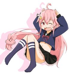 Rule 34 | 10s, 1girl, :3, ;d, ahoge, b-man, commentary request, crescent, crescent hair ornament, hair ornament, kantai collection, kneehighs, long hair, looking at viewer, navel, one eye closed, open mouth, pink eyes, pink hair, pleated skirt, rabbit hair ornament, rabbit pose, school uniform, serafuku, simple background, skirt, smile, socks, solo, thighhighs, uzuki (kancolle), white background