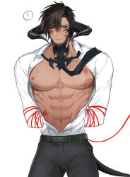 Rule 34 | 1boy, abs, alternate costume, au ra, bara, bare pectorals, beard, bound, bound arms, brown hair, bruise, bulge, cowboy shot, demon boy, demon horns, demon tail, dragon boy, dragon horns, dragon tail, facial hair, final fantasy, final fantasy xiv, highres, horns, injury, large pectorals, looking at viewer, male focus, muscular, muscular male, navel, necktie, nipples, pectorals, red eyes, scales, seum (kao husband), shirt, short hair, solo, stomach, tail, thighs, warrior of light (ff14), white shirt
