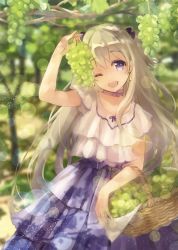 Rule 34 | 1girl, ;d, absurdres, black bow, blonde hair, blue dress, blue skirt, bow, day, dress, earrings, floating hair, food, fruit, grapes, hair bow, highres, holding, holding food, holding fruit, jewelry, layered, layered dress, lens flare, long hair, looking at viewer, naruse chisato, one eye closed, open mouth, original, outdoors, purple eyes, shirt, skirt, smile, solo, standing, very long hair, white shirt