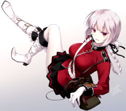 Rule 34 | 1girl, black ribbon, black skirt, boots, braid, breasts, fate/grand order, fate (series), florence nightingale (fate), full body, gloves, hair ribbon, high heel boots, high heels, jacket, large breasts, long hair, looking at viewer, military, military uniform, motomiya mitsuki, pale skin, pantyhose, parted lips, red eyes, red jacket, ribbon, silver hair, single braid, skirt, smile, solo, uniform, white footwear, white gloves