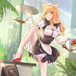 Rule 34 | 1girl, absurdres, animal ears, apron, bad id, bad pixiv id, blonde hair, blush, bow, breasts, cake, cat ears, cat girl, coffee, cup, food, frilled apron, frills, green eyes, high heels, highres, large breasts, long hair, looking at viewer, maid, maid apron, maid headdress, maple (nekopara), nekopara, red bow, red footwear, saucer, shiiyou, solo, teacup, window, yellow bow