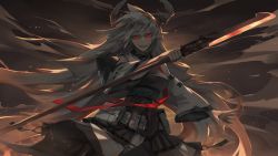 Rule 34 | 1girl, arknights, bad id, bad pixiv id, black skirt, detached sleeves, field (ypdm5354), glowing, glowing eyes, highres, holding, holding weapon, horns, lace, long hair, looking at viewer, matoimaru (arknights), oni horns, open mouth, pointy ears, red eyes, skirt, solo, spiked hair, weapon