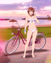 Rule 34 | 1girl, bare arms, bare legs, bare shoulders, barefoot, bicycle, bikini, brown eyes, brown hair, curly hair, feet, female focus, food, full body, hibike! euphonium, highres, holding food, holding ice cream, ice cream, looking at viewer, navel, open mouth, oumae kumiko, outdoors, sbel02, short hair, solo, swimsuit, toenails, toes, white bikini