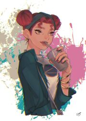Rule 34 | 1girl, animification, apex legends, bag, black hairband, blue shirt, brown eyes, commentary request, cup, dark-skinned female, dark skin, disposable cup, drinking straw, drinking straw in mouth, earrings, hair behind ear, hairband, haji (haji07lo), handbag, highres, holding, holding cup, jewelry, lifeline (apex legends), paint splatter, red hair, red nails, shirt, smile, solo, t-shirt, upper body, white shirt