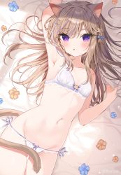 Rule 34 | 1girl, animal ear fluff, animal ears, arm up, bad id, bad pixiv id, bare arms, bare shoulders, bed sheet, blue bow, blue flower, bow, bow bra, bow panties, bra, braid, breasts, brown flower, brown hair, cat ears, cat girl, cat tail, collarbone, commentary request, flower, groin, hair between eyes, hair bow, hair ornament, hairclip, highres, leo (mafuyu), long hair, looking at viewer, lying, mafuyu (chibi21), multicolored hair, navel, on back, original, panties, purple eyes, purple hair, sheet grab, side-tie panties, small breasts, solo, streaked hair, tail, underwear, underwear only, very long hair, white bra, white panties