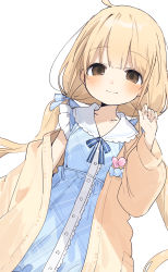 Rule 34 | 1girl, absurdres, blonde hair, blue dress, blunt bangs, blush, buran buta, collarbone, dress, dutch angle, futaba anzu, highres, idolmaster, idolmaster cinderella girls, jacket, jacket partially removed, light smile, looking at viewer, simple background, solo, twintails, white background, yellow jacket