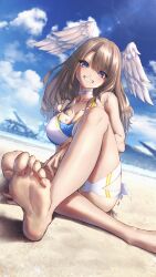 Rule 34 | 1girl, absurdres, barefoot, beach, bikini, blue eyes, blue sky, blush, breast tattoo, breasts, choker, cleavage, cloud, collar, commentary request, dutch angle, eunie (xenoblade), feet, foot focus, foreshortening, hakusai (hksicabb), head wings, highres, indian style, large breasts, light brown hair, long hair, looking at viewer, multicolored bikini, multicolored clothes, naughty face, outdoors, presenting foot, simple background, sitting, sky, soles, solo, swimsuit, tattoo, toes, white background, white choker, white wings, wings, xenoblade chronicles (series), xenoblade chronicles 3