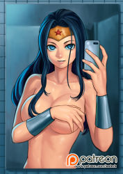 Rule 34 | 1girl, abdominal line, animification, black hair, blue eyes, bracelet, breasts, cellphone, covering privates, covering breasts, dc comics, female focus, jewelry, large breasts, lasterk, long hair, mirror, parted lips, phone, reflection, selfie, smartphone, solo, superhero costume, tiara, topless, wonder woman, wonder woman (series)
