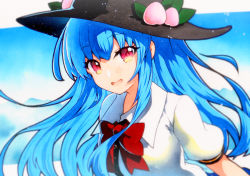 Rule 34 | 1girl, bad id, bad twitter id, black hat, blue hair, blush, collared shirt, food, fruit, fruit hat ornament, hair between eyes, hat, hat ornament, highres, hinanawi tenshi, long hair, open mouth, peach, qqqrinkappp, red eyes, shirt, short sleeves, smile, solo, touhou, upper body, white shirt