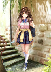 Rule 34 | 1girl, blue bow, blue footwear, blue skirt, blush, bottle, bow, braid, breasts, brown eyes, brown hair, cardigan, cardigan around waist, closed mouth, clothes around waist, commentary request, day, full body, hair bow, hand up, head tilt, highres, holding, holding bottle, kneehighs, long hair, looking at viewer, medium breasts, original, outdoors, pink shirt, pisuke, plaid, plaid skirt, pleated skirt, railing, school uniform, shirt, shoes, short sleeves, skirt, sneakers, socks, solo, stairs, standing, stone stairs, water bottle, white socks
