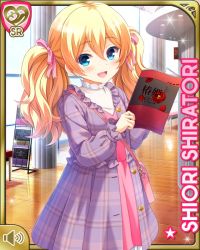 Rule 34 | 1girl, aqua eyes, blonde hair, blue eyes, blush, book, card (medium), character name, coat, day, dress, girlfriend (kari), hair ribbon, indoors, jewelry, necklace, official art, open mouth, overcoat, pink dress, qp:flapper, ribbon, shiratori shiori, shoes, smile, solo, standing, tagme, twintails, wavy hair