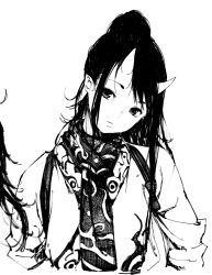 Rule 34 | 1girl, ascot, black hair, facing viewer, greyscale, head tilt, high ponytail, highres, horns, japanese clothes, kimono, long hair, looking at viewer, monochrome, monster girl, oni, oni girl, oni horns, original, parted lips, pointy ears, ponytail, shiro shougun, simple background, solo, tasuki, upper body, white background