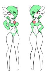 Rule 34 | 1boy, 1girl, breasts, bulge, cameltoe, covered erect nipples, creatures (company), eyes visible through hair, full body, game freak, gardevoir, gen 3 pokemon, green hair, green panties, hair over one eye, half-closed eyes, hand up, hands on own hips, highres, large breasts, legs apart, looking down, looking to the side, nintendo, panties, pokemon, pokemon (creature), pokemon rse, red eyes, sealguy, short hair, simple background, smile, standing, underwear, white background