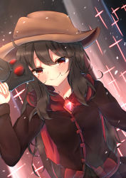Rule 34 | 1girl, abstract background, arm up, black hair, black shirt, black skirt, blush, brown hat, cape, commentary request, cross, dutch angle, gem, glint, gradient background, hair between eyes, hair ornament, hat, highres, holding, holding mask, long hair, long sleeves, looking at viewer, mask, original, plague doctor mask, pleated skirt, red cape, red eyes, red gemstone, sachisudesu, scar, scar on face, shirt, sidelocks, skirt, smile, solo, stitches, upper body, very long hair, x hair ornament