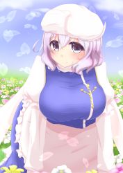 Rule 34 | 1girl, apron, bad id, bad pixiv id, blouse, blue eyes, breasts, female focus, field, flower, flower field, hat, highres, large breasts, letty whiterock, long sleeves, petals, purple hair, shiro oolong-cha, shirt, short hair, skirt, smile, solo, touhou, vest