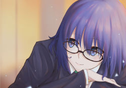 Rule 34 | 1girl, anianiani0607, black-framed eyewear, black jacket, blue eyes, blue hair, blurry, blurry background, blush, ciel (tsukihime), closed mouth, collared shirt, commentary request, glasses, hair between eyes, highres, jacket, lips, long sleeves, looking away, looking to the side, pink lips, school uniform, shirt, short hair, smile, solo, tsukihime, tsukihime (remake), uniform, upper body
