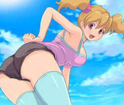 Rule 34 | 00s, 1girl, ass, bare shoulders, bent over, breasts, brown hair, fresh precure!, from behind, kihaiu, leaning, leaning forward, long hair, looking at viewer, momozono love, open mouth, panties, pantyshot, precure, purple eyes, short shorts, shorts, smile, solo, tank top, thighhighs, twintails, underwear, upshorts