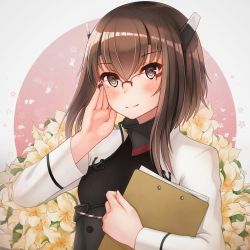 Rule 34 | 10s, 1girl, absurdres, bespectacled, blush, bright pupils, brown eyes, brown hair, clipboard, closed mouth, collar, commentary request, flat chest, floral background, glasses, hair between eyes, hand on own cheek, hand on own face, headband, highres, holding, kadokawa shoten, kaleid, kantai collection, long sleeves, looking at viewer, over-rim eyewear, red-framed eyewear, semi-rimless eyewear, short hair with long locks, sidelocks, smile, solo, taihou (kancolle), upper body