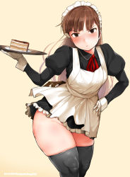Rule 34 | 1girl, apron, blush, breasts, brown eyes, brown hair, highres, kumaneko, long hair, looking at viewer, maid, maid apron, maid headdress, medium breasts, no panties, original, parted lips, solo, thick thighs, thighhighs, thighs, wide hips