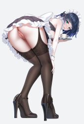 Rule 34 | 1girl, absurdres, alternate costume, anus, ass, bare shoulders, bent over, black dress, black footwear, black ribbon, black thighhighs, blue hair, bob cut, bow, breasts, breasts out, censored, commentary request, cup, diagonal bangs, dress, frilled dress, frills, from behind, full body, genshin impact, green eyes, grey background, hair ribbon, hand on own knee, high heels, highres, holding, holding tray, hong bai, large breasts, looking at viewer, looking back, maid headdress, mosaic censoring, no panties, open mouth, pasties, pussy, ribbon, short hair, simple background, solo, standing, thighhighs, tray, white bow, wrist cuffs, yelan (genshin impact)