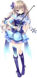 Rule 34 | 1girl, 9-nine-, asymmetrical legwear, blue bow, blue collar, blue dress, blue eyes, blue footwear, blue nails, blue ribbon, blue scrunchie, blush, boots, bow, bow (music), breasts, brown hair, closed mouth, collar, dress, eyelashes, footwear bow, frilled collar, frilled dress, frills, full body, gear hair ornament, hair between eyes, hair bow, hair over shoulder, highres, holding, holding instrument, holding violin, instrument, izumi tsubasu, kujou miyako, large breasts, light blue ribbon, light blue scrunchie, long hair, looking at viewer, mismatched legwear, musical note, official art, one eye closed, ribbon, scrunchie, short dress, single thighhigh, sleeveless, sleeveless dress, small stellated dodecahedron, smile, sparkle, sparkle print, standing, star (symbol), star print, thighhighs, transparent background, very long hair, violin, wavy hair, wing ornament, wing print, wrist scrunchie, zettai ryouiki