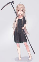 Rule 34 | 1girl, :d, ahoge, bad id, bad pixiv id, barefoot, black shirt, blush, collarbone, fang, grey background, hachita (odangoya), hair between eyes, hair ornament, hairclip, highres, holding, light brown hair, long hair, looking at viewer, open mouth, original, oversized clothes, oversized shirt, red eyes, scythe, shirt, short sleeves, smile, solo, standing, very long hair, x hair ornament